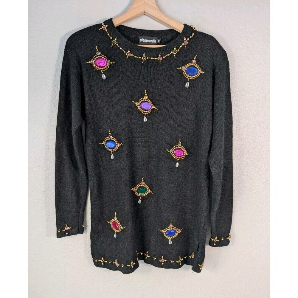 Pierre Cardin Black Angora Silk Blend Beaded Jewel Sweater Medium